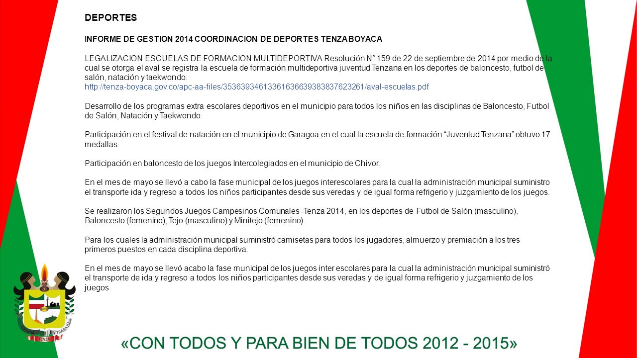 DEPORTES INFORME DE GESTION 2014 COORDINACION DE DEPORTES TENZA BOYACA