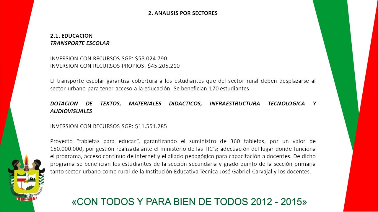 2. ANALISIS POR SECTORES 2.1. EDUCACION. TRANSPORTE ESCOLAR. INVERSION CON RECURSOS SGP: $