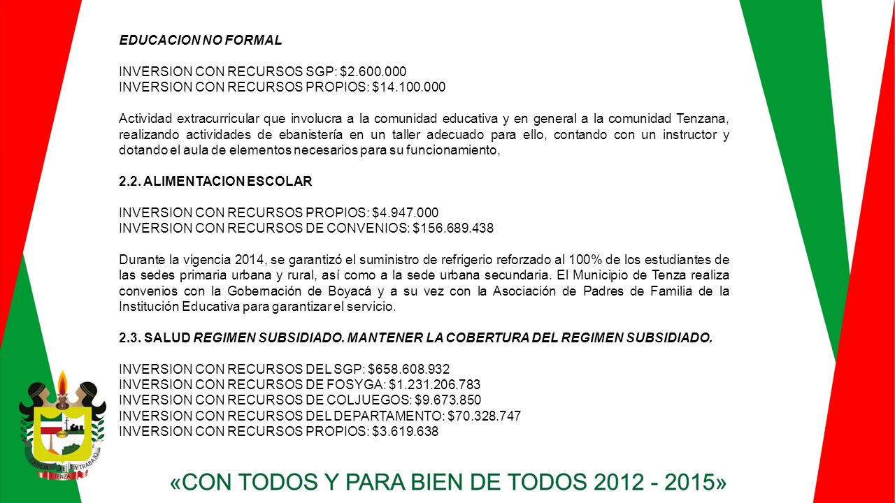 EDUCACION NO FORMAL INVERSION CON RECURSOS SGP: $ INVERSION CON RECURSOS PROPIOS: $