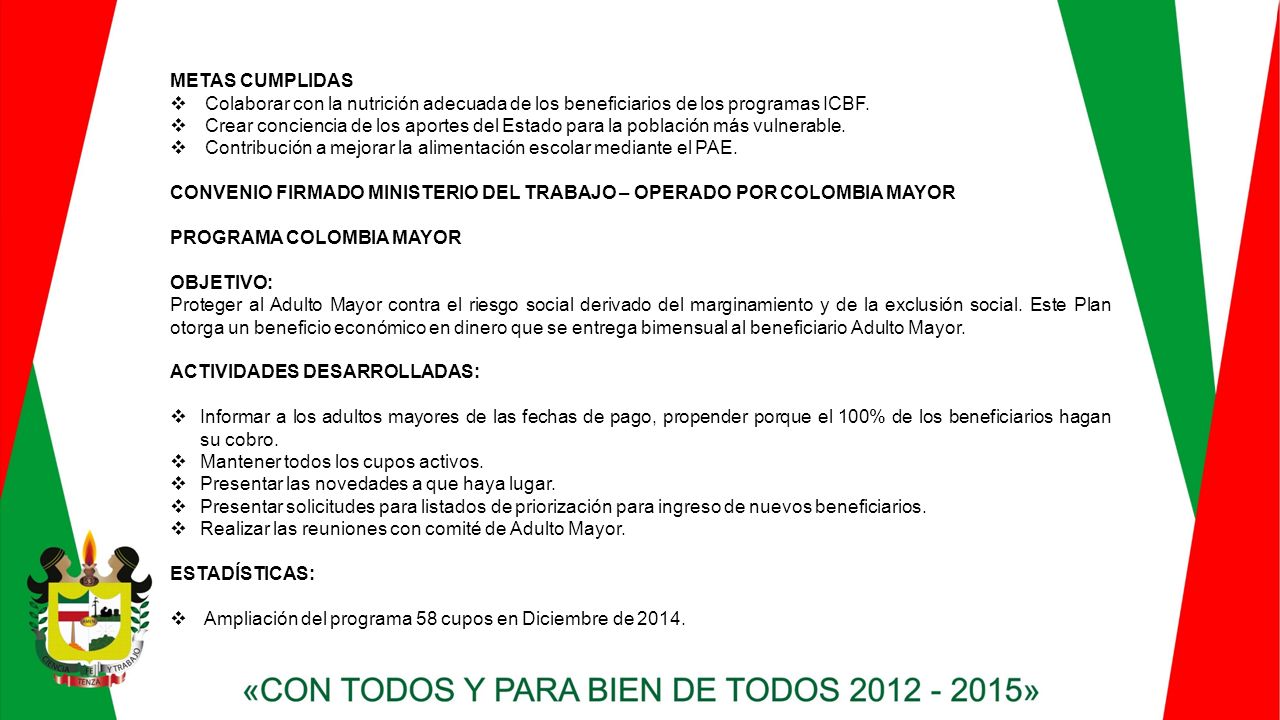 METAS CUMPLIDAS Colaborar con la nutrición adecuada de los beneficiarios de los programas ICBF.