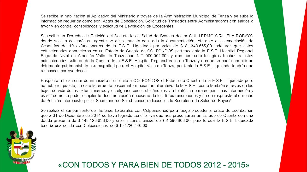 Se recibe la habilitación al Aplicativo del Ministerio a través de la Administración Municipal de Tenza y se sube la información requerida como son: Actas de Conciliación, Solicitud de Traslados entre Administradoras con saldos a favor y en contra, consolidados y solicitud de Devolución de Excedentes.