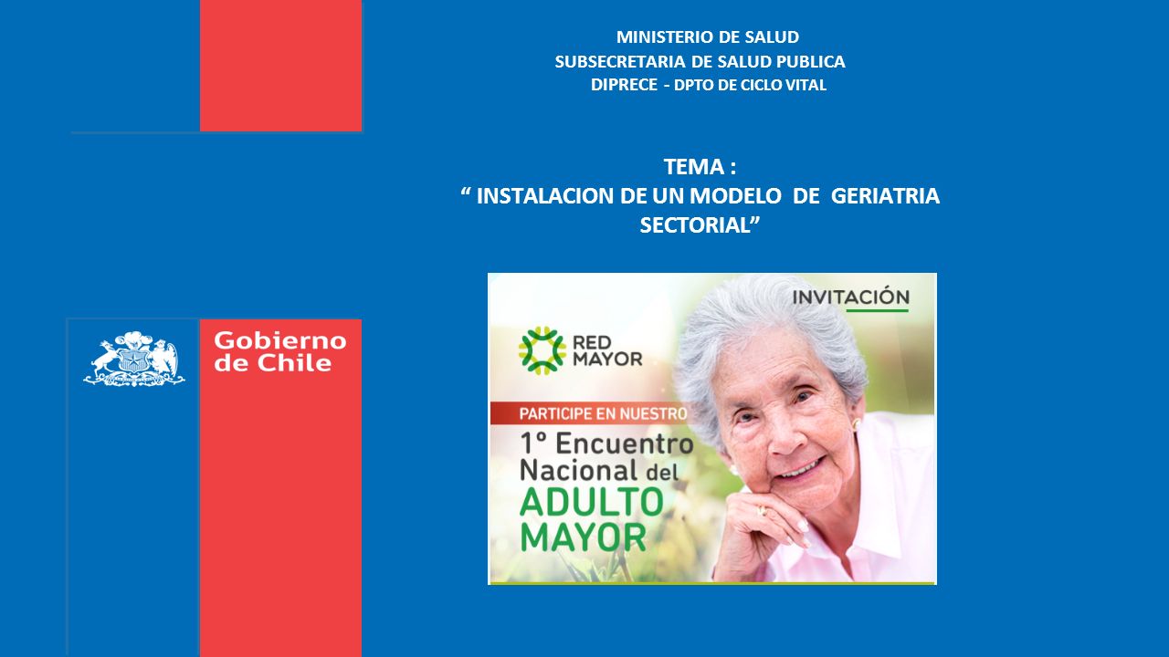 MINISTERIO DE SALUD SUBSECRETARIA DE SALUD PUBLICA DIPRECE - DPTO DE CICLO VITAL TEMA : INSTALACION DE UN MODELO DE GERIATRIA SECTORIAL
