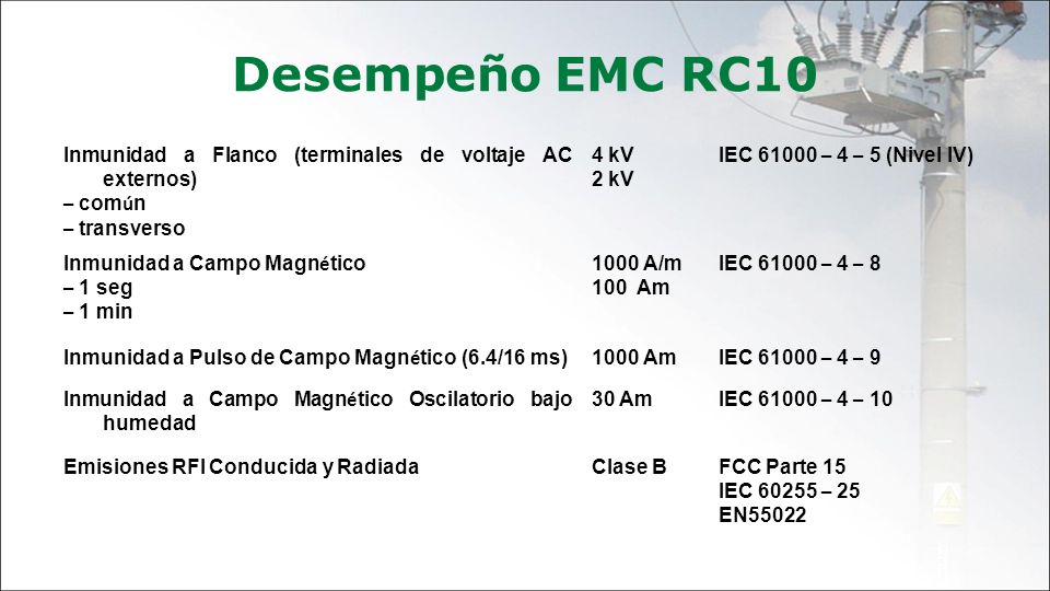 Desempeño EMC RC10 Inmunidad a Flanco (terminales de voltaje AC externos) – común. – transverso. 4 kV.