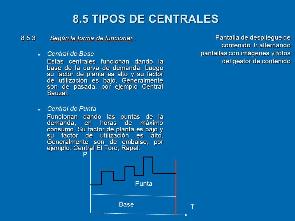8.5 TIPOS DE CENTRALES Pantalla de despliegue de contenido. Ir alternando pantallas con imágenes y fotos del gestor de contenido.