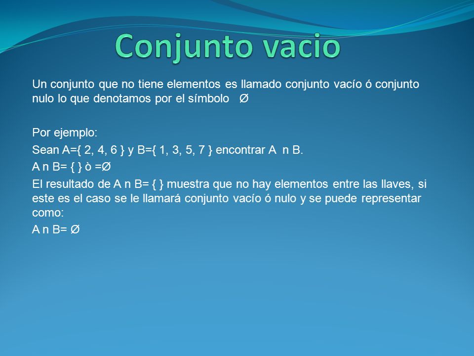 Conjunto vacio Un conjunto que no tiene elementos es llamado conjunto vacío ó conjunto nulo lo que denotamos por el símbolo Ø.