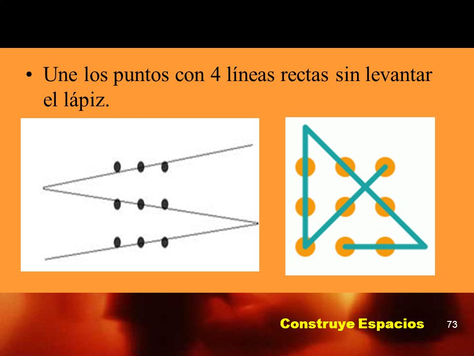 Une los puntos con 4 líneas rectas sin levantar el lápiz.