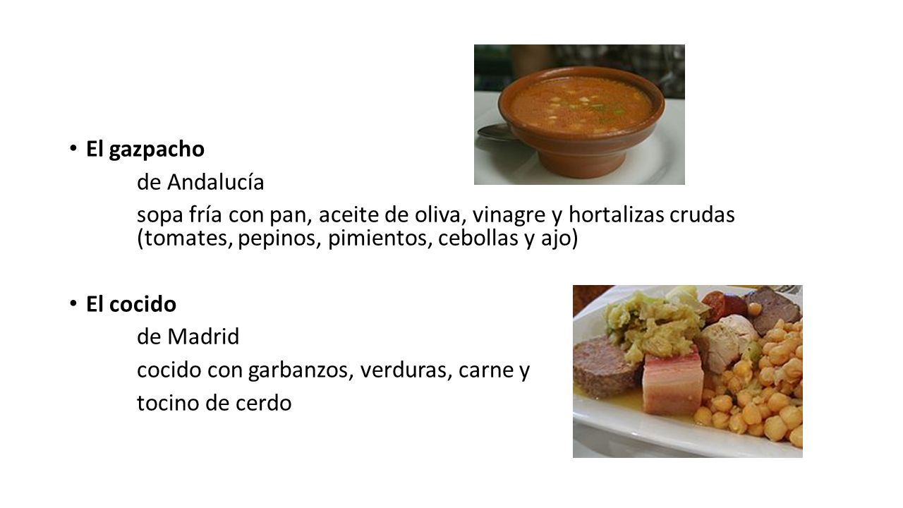 El gazpacho de Andalucía. sopa fría con pan, aceite de oliva, vinagre y hortalizas crudas (tomates, pepinos, pimientos, cebollas y ajo)