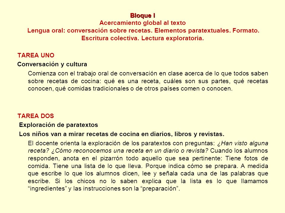 Bloque I Acercamiento global al texto Lengua oral: conversación sobre recetas. Elementos paratextuales. Formato. Escritura colectiva. Lectura exploratoria.