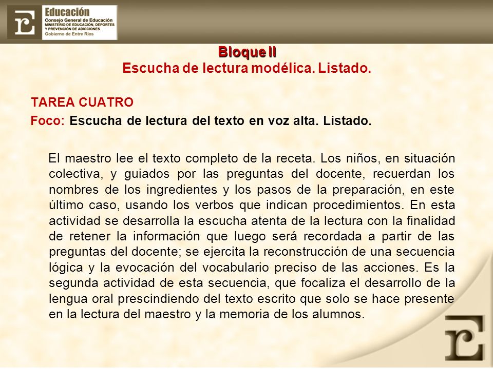 Bloque II Escucha de lectura modélica. Listado.