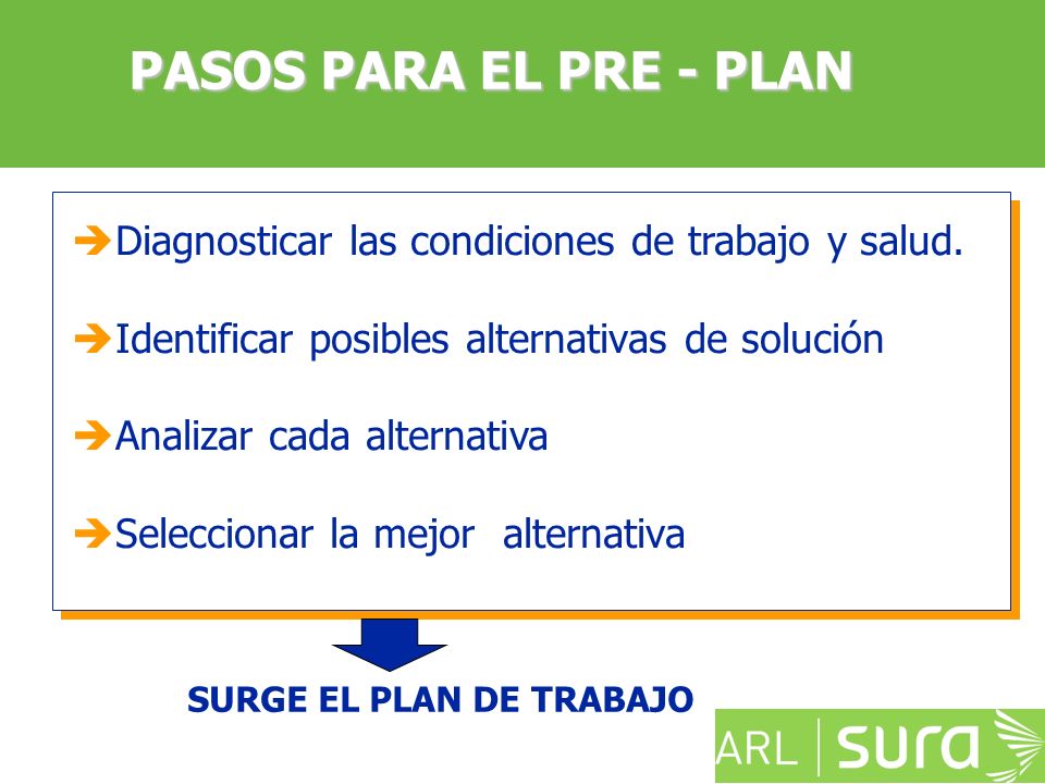 PASOS PARA EL PRE - PLAN Diagnosticar las condiciones de trabajo y salud. Identificar posibles alternativas de solución.