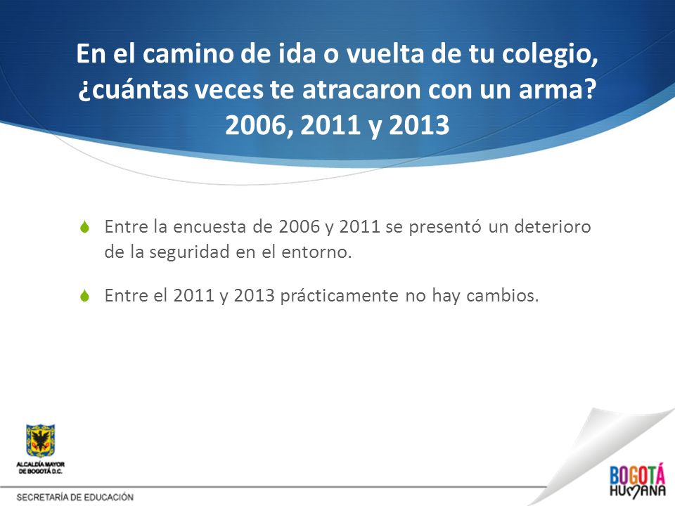 En el camino de ida o vuelta de tu colegio, ¿cuántas veces te atracaron con un arma 2006, 2011 y 2013