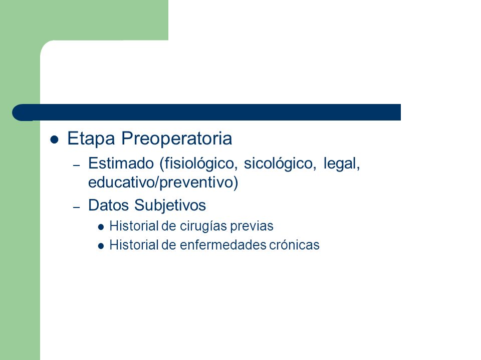 Etapa Preoperatoria Estimado (fisiológico, sicológico, legal, educativo/preventivo) Datos Subjetivos.
