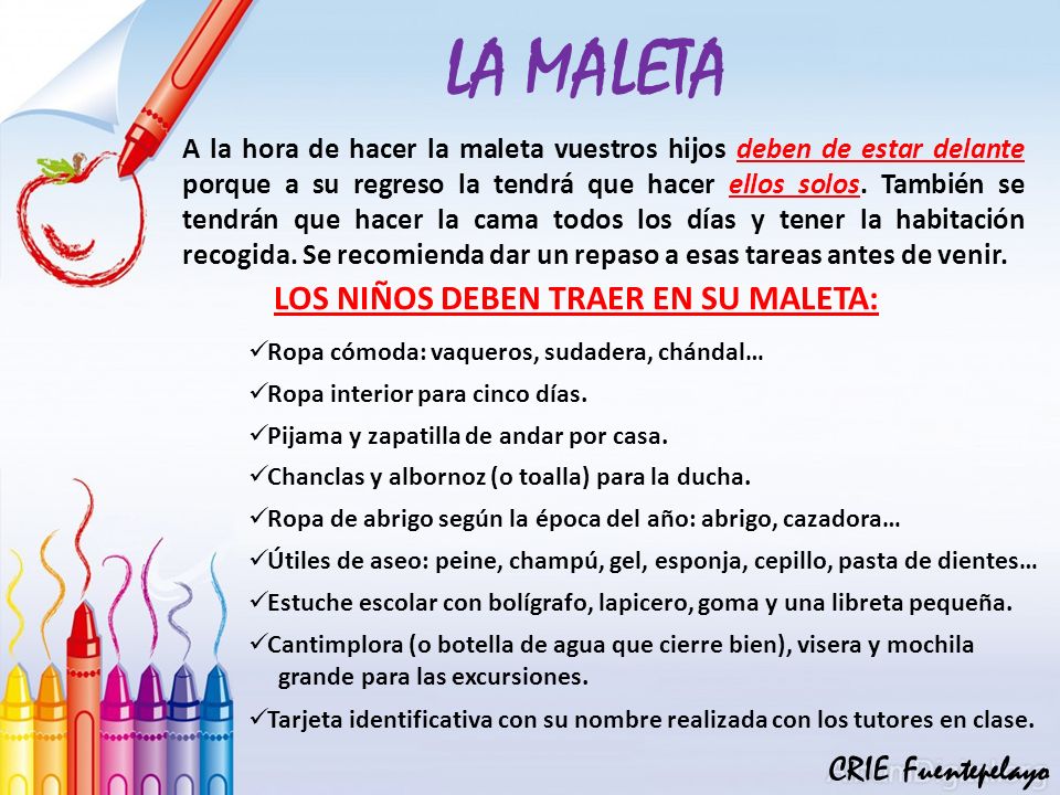 LA MALETA LOS NIÑOS DEBEN TRAER EN SU MALETA: CRIE Fuentepelayo