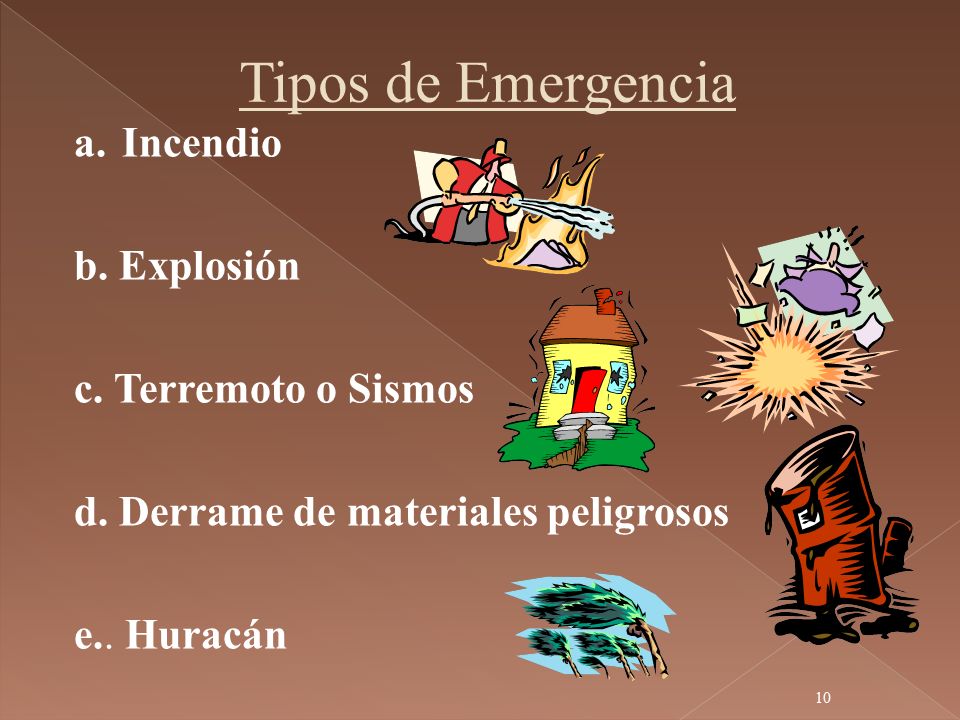 Tipos de Emergencia Incendio b. Explosión c. Terremoto o Sismos