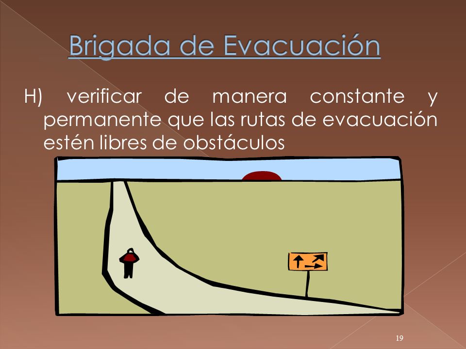 Brigada de Evacuación H) verificar de manera constante y permanente que las rutas de evacuación estén libres de obstáculos.