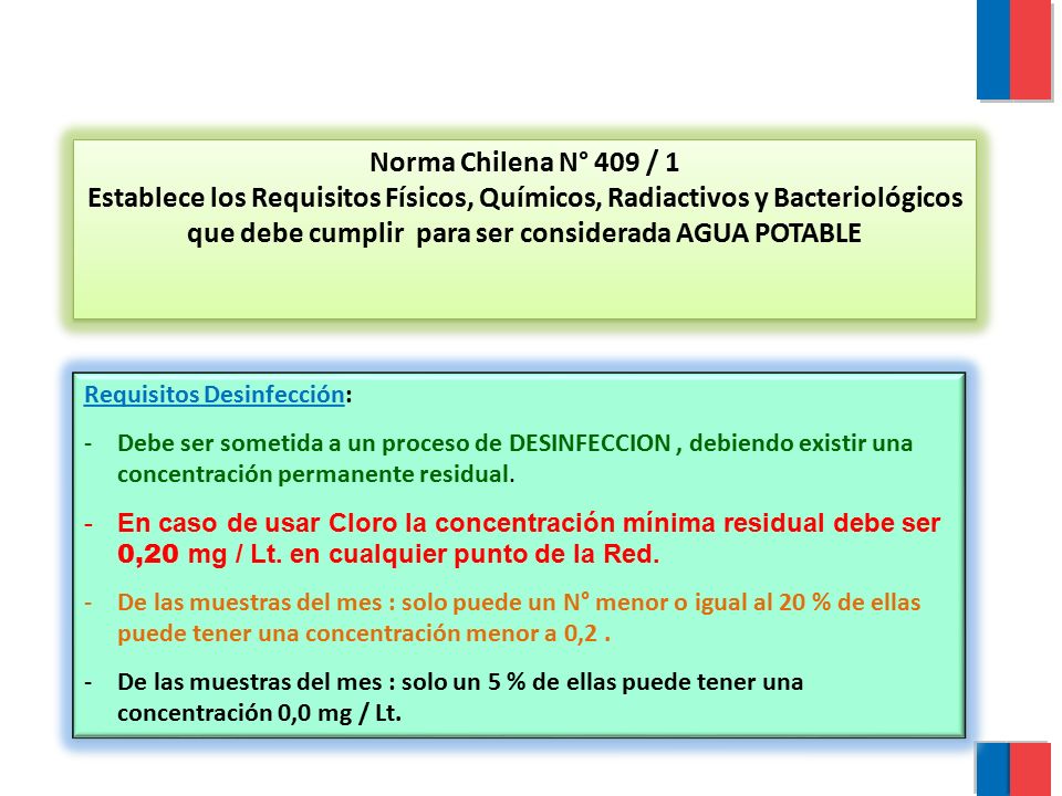 Norma Chilena N° 409 / 1 Establece los Requisitos Físicos, Químicos, Radiactivos y Bacteriológicos que debe cumplir para ser considerada AGUA POTABLE