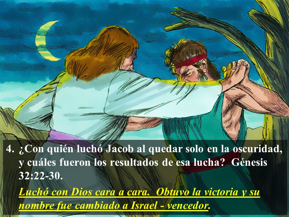 ¿Con quién luchó Jacob al quedar solo en la oscuridad, y cuáles fueron los resultados de esa lucha Génesis 32:22-30.