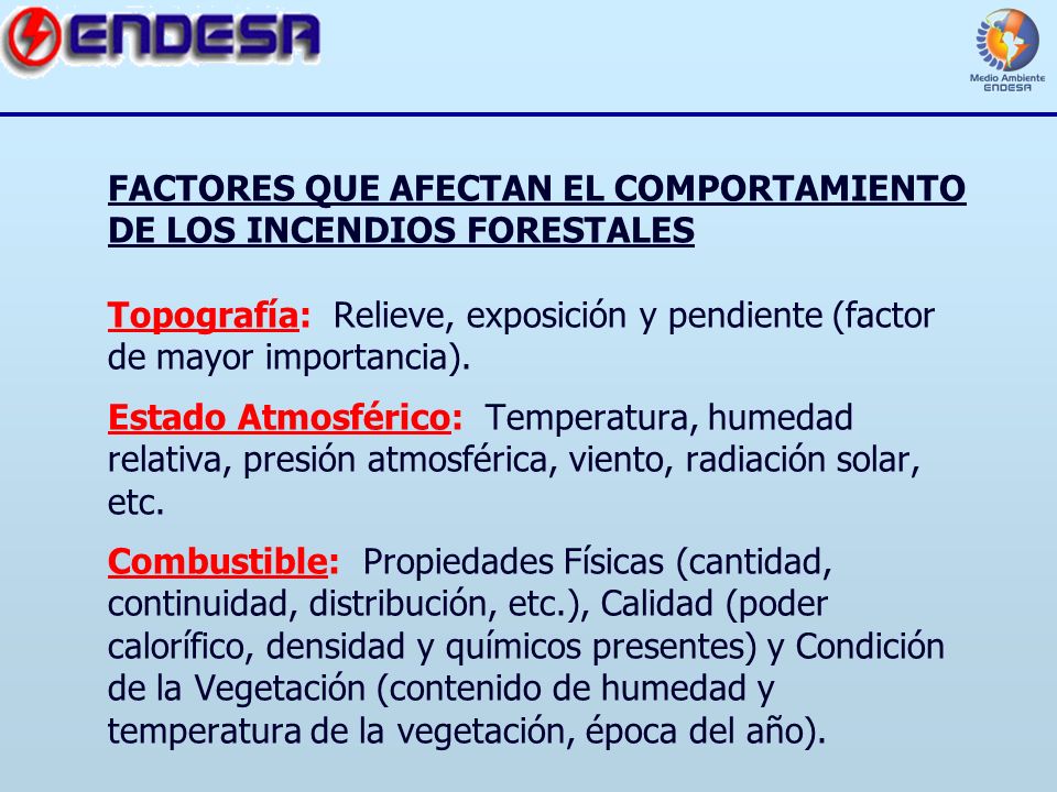 FACTORES QUE AFECTAN EL COMPORTAMIENTO DE LOS INCENDIOS FORESTALES Topografía: Relieve, exposición y pendiente (factor de mayor importancia).