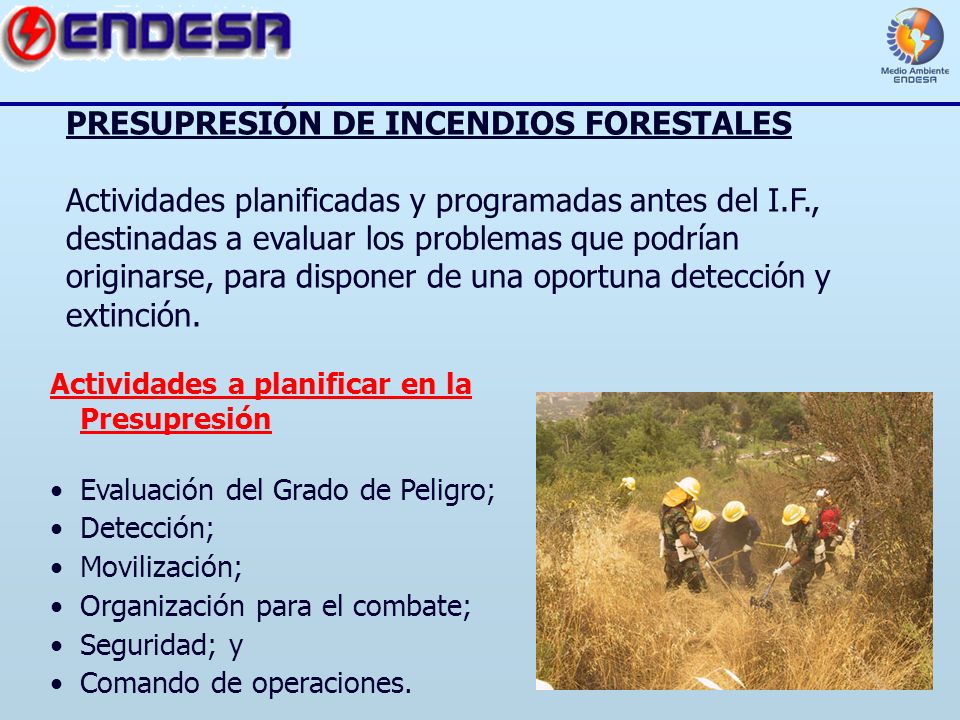 PRESUPRESIÓN DE INCENDIOS FORESTALES Actividades planificadas y programadas antes del I.F., destinadas a evaluar los problemas que podrían originarse, para disponer de una oportuna detección y extinción.