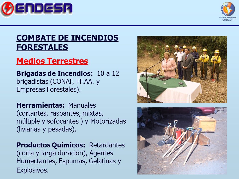 COMBATE DE INCENDIOS FORESTALES Medios Terrestres Brigadas de Incendios: 10 a 12 brigadistas (CONAF, FF.AA.