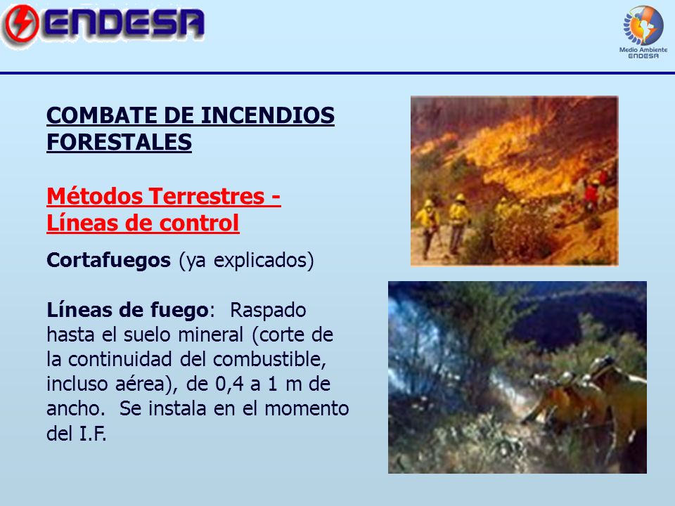COMBATE DE INCENDIOS FORESTALES Métodos Terrestres - Líneas de control Cortafuegos (ya explicados) Líneas de fuego: Raspado hasta el suelo mineral (corte de la continuidad del combustible, incluso aérea), de 0,4 a 1 m de ancho.