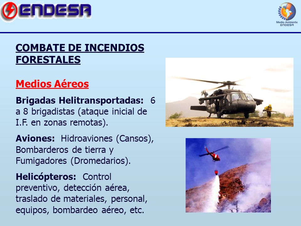 COMBATE DE INCENDIOS FORESTALES Medios Aéreos Brigadas Helitransportadas: 6 a 8 brigadistas (ataque inicial de I.F.