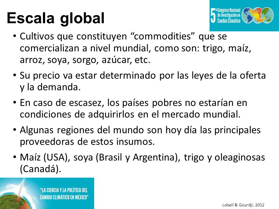 Escala global Cultivos que constituyen commodities que se comercializan a nivel mundial, como son: trigo, maíz, arroz, soya, sorgo, azúcar, etc.