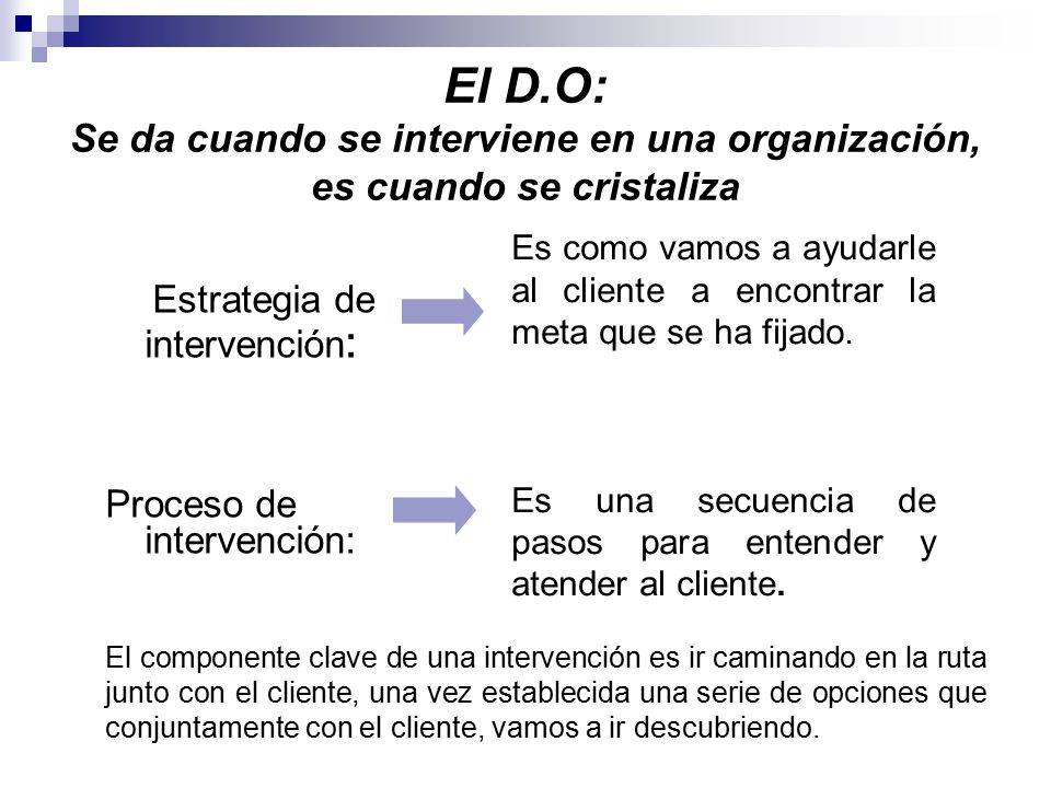 El D.O: Se da cuando se interviene en una organización, es cuando se cristaliza
