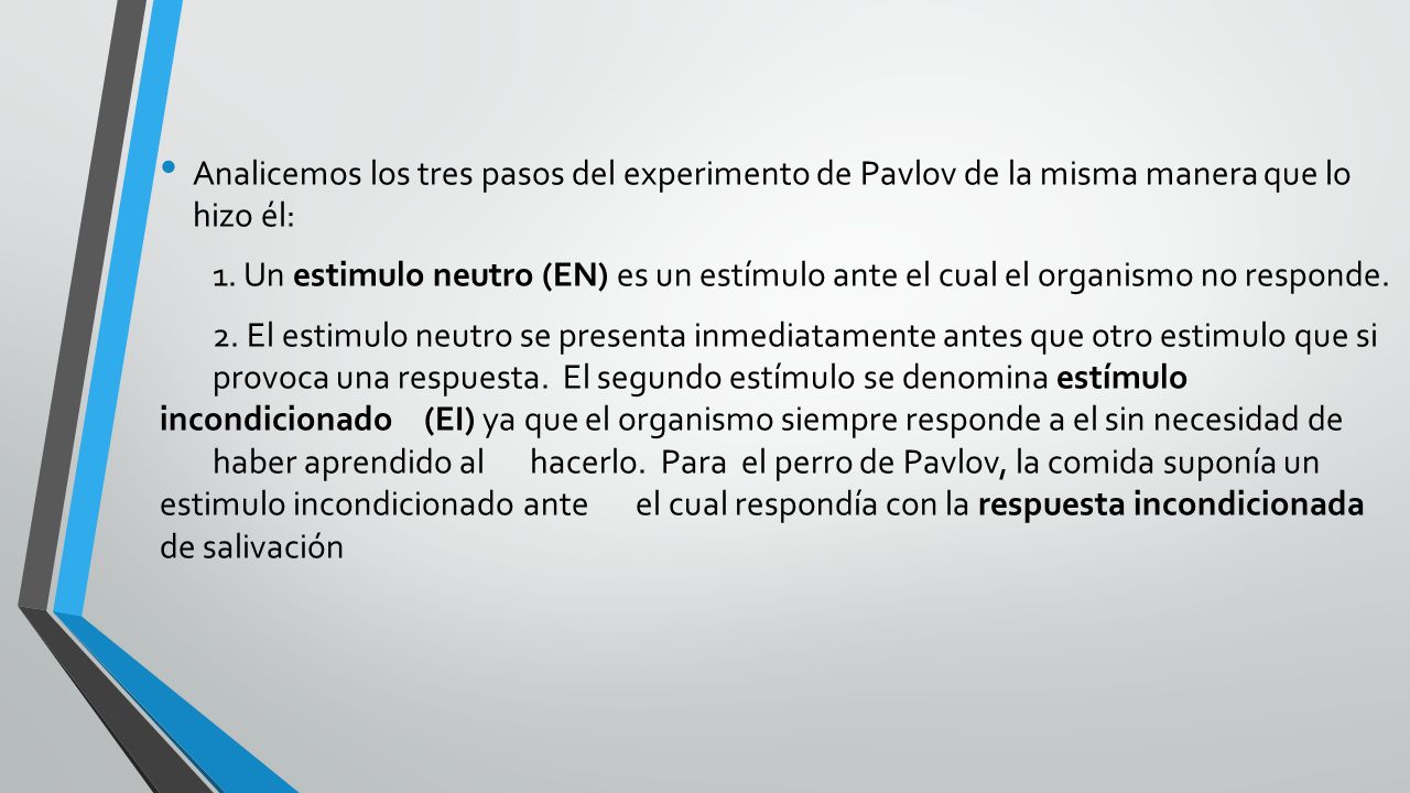 Analicemos los tres pasos del experimento de Pavlov de la misma manera que lo hizo él: