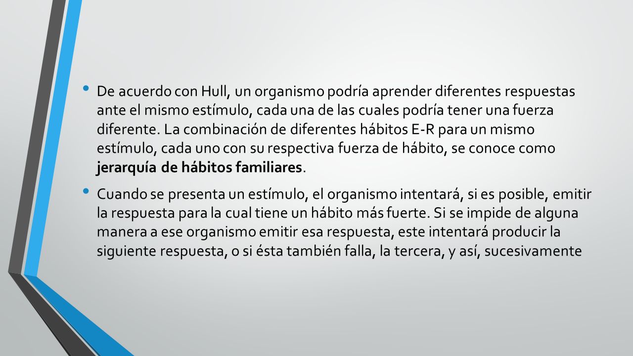 De acuerdo con Hull, un organismo podría aprender diferentes respuestas ante el mismo estímulo, cada una de las cuales podría tener una fuerza diferente. La combinación de diferentes hábitos E-R para un mismo estímulo, cada uno con su respectiva fuerza de hábito, se conoce como jerarquía de hábitos familiares.
