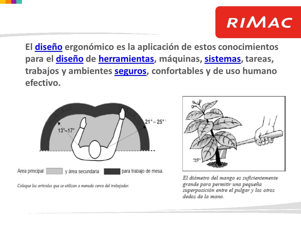 El diseño ergonómico es la aplicación de estos conocimientos para el diseño de herramientas, máquinas, sistemas, tareas, trabajos y ambientes seguros, confortables y de uso humano efectivo.