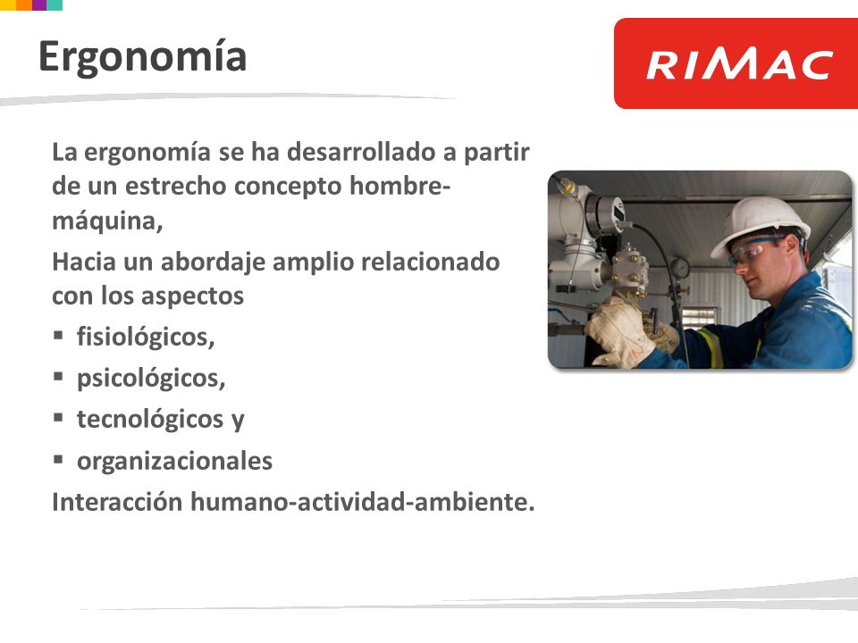 Ergonomía La ergonomía se ha desarrollado a partir de un estrecho concepto hombre-máquina, Hacia un abordaje amplio relacionado con los aspectos.