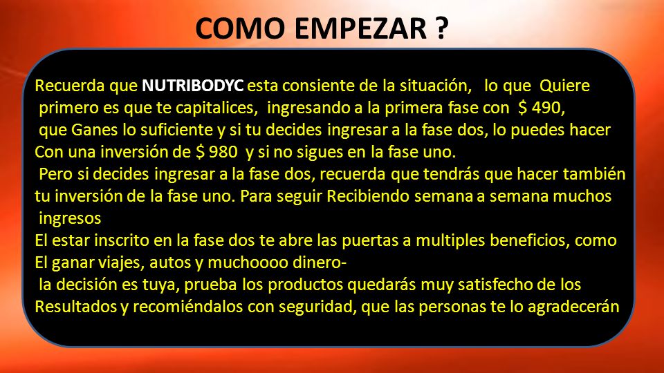 COMO EMPEZAR Recuerda que NUTRIBODYC esta consiente de la situación, lo que Quiere.