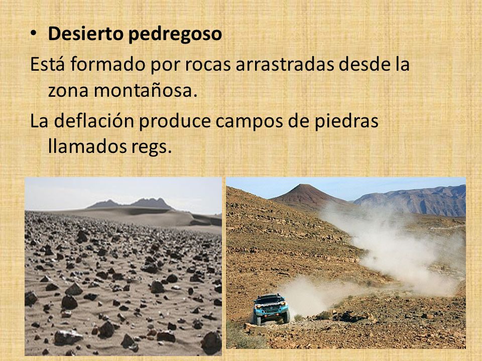 Desierto pedregoso Está formado por rocas arrastradas desde la zona montañosa.