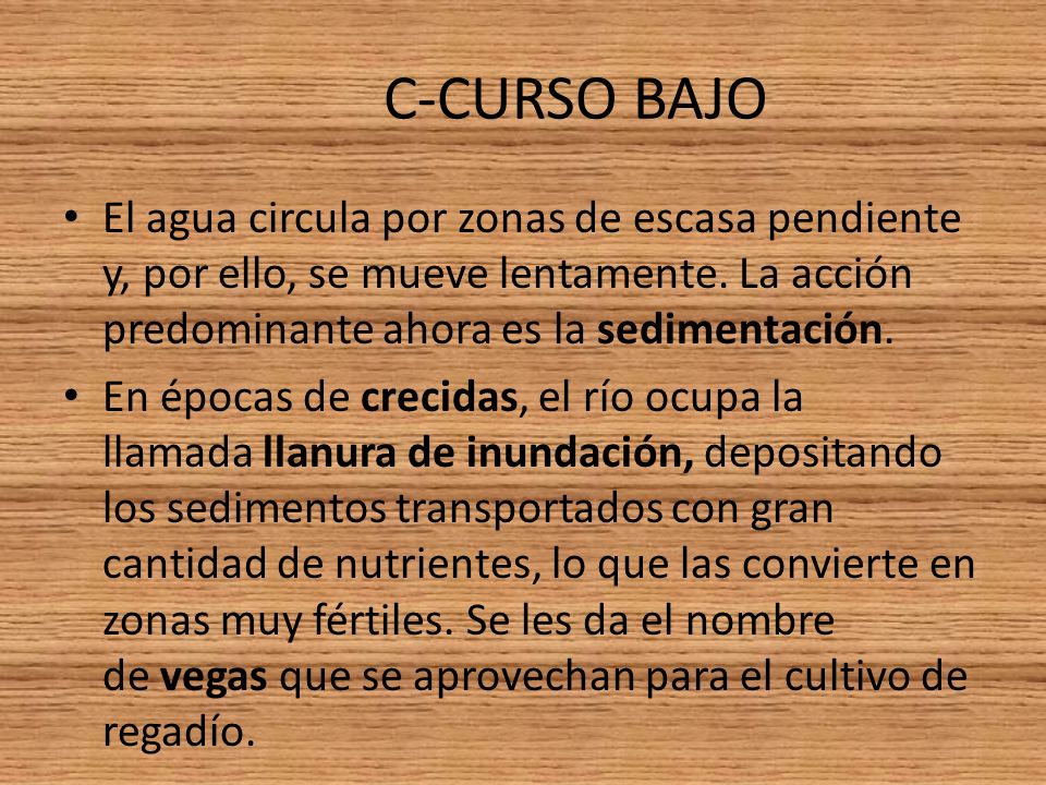 C-CURSO BAJO El agua circula por zonas de escasa pendiente y, por ello, se mueve lentamente. La acción predominante ahora es la sedimentación.