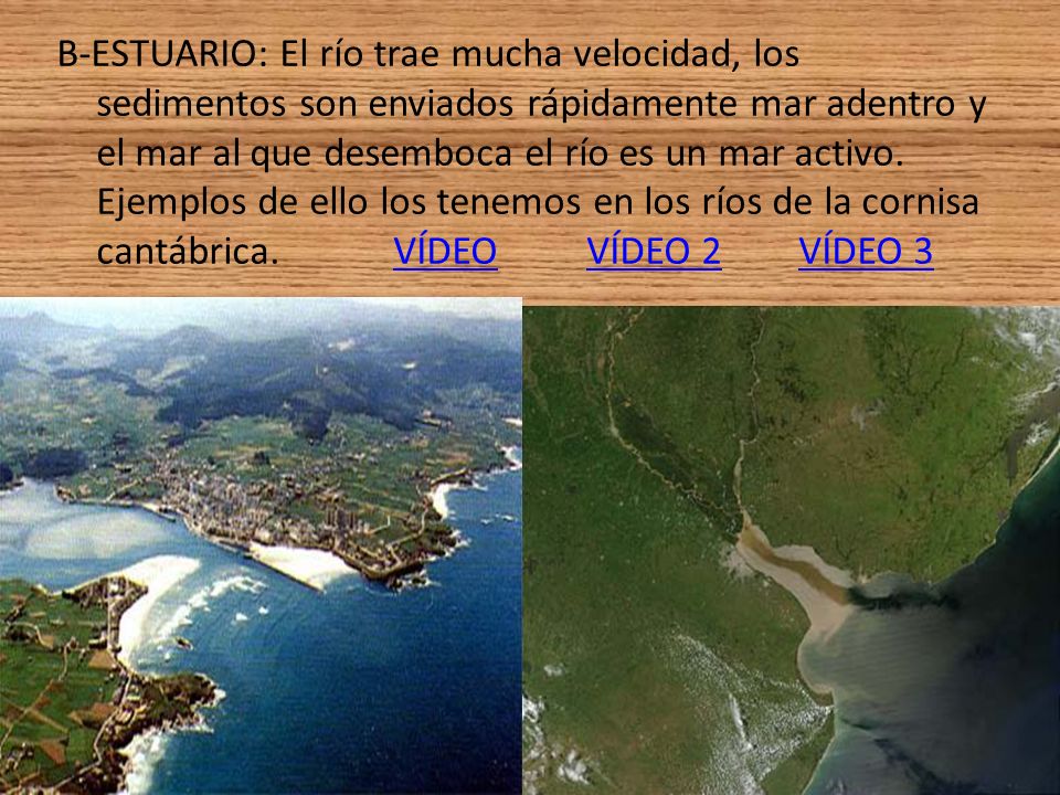 B-ESTUARIO: El río trae mucha velocidad, los sedimentos son enviados rápidamente mar adentro y el mar al que desemboca el río es un mar activo.