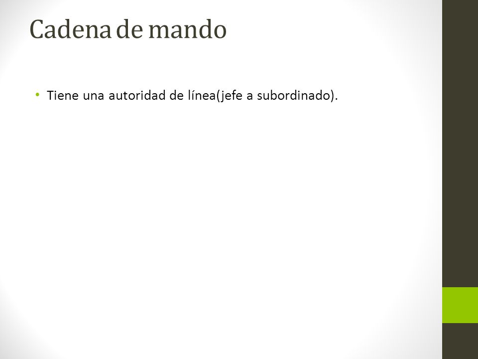Cadena de mando Tiene una autoridad de línea(jefe a subordinado).
