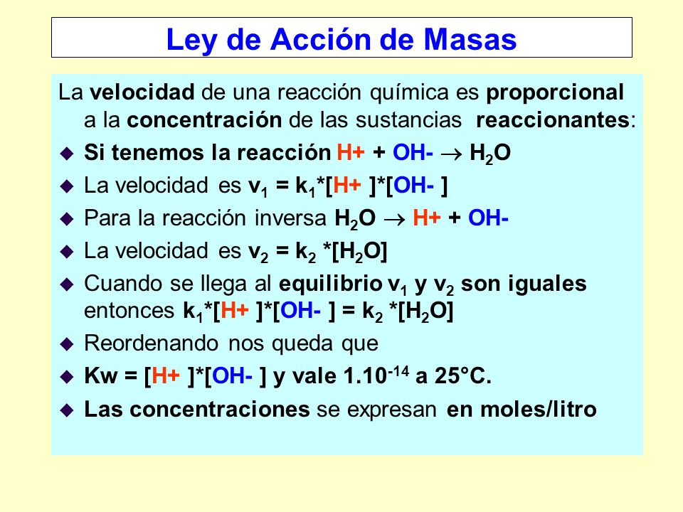 Ley de Acción de Masas La velocidad de una reacción química es proporcional a la concentración de las sustancias reaccionantes: