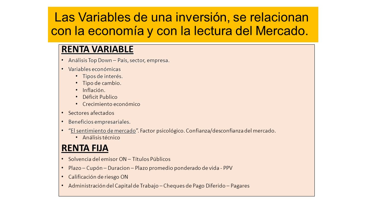 Las Variables de una inversión, se relacionan con la economía y con la lectura del Mercado.