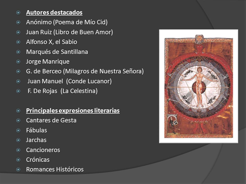Autores destacados Anónimo (Poema de Mío Cid) Juan Ruiz (Libro de Buen Amor) Alfonso X, el Sabio.