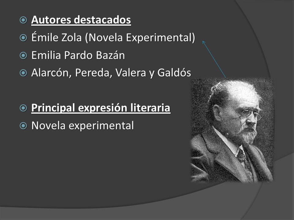 Autores destacados Émile Zola (Novela Experimental) Emilia Pardo Bazán. Alarcón, Pereda, Valera y Galdós.