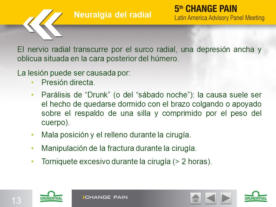 Neuralgia del radial El nervio radial transcurre por el surco radial, una depresión ancha y oblicua situada en la cara posterior del húmero.