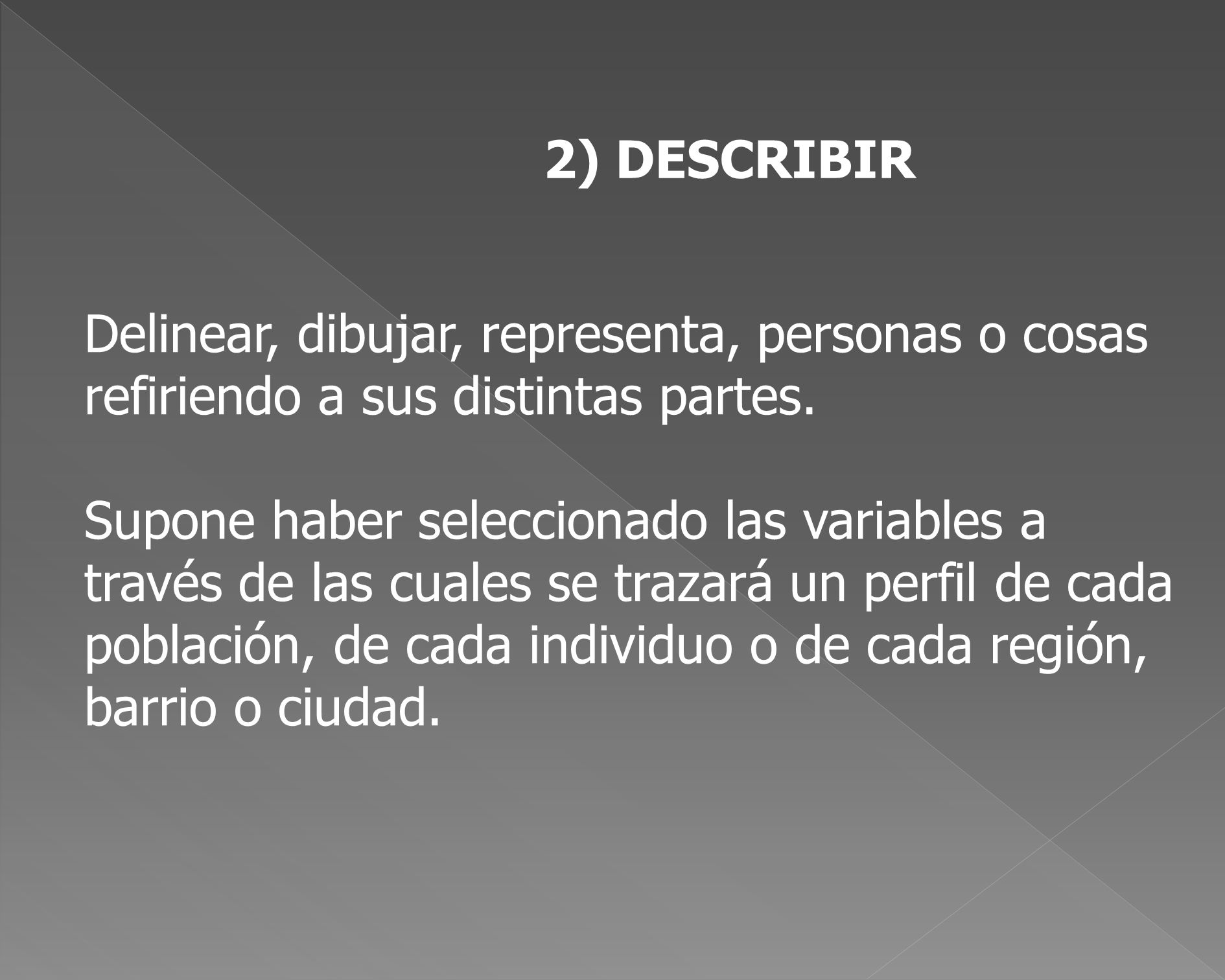 2) DESCRIBIR Delinear, dibujar, representa, personas o cosas refiriendo a sus distintas partes.
