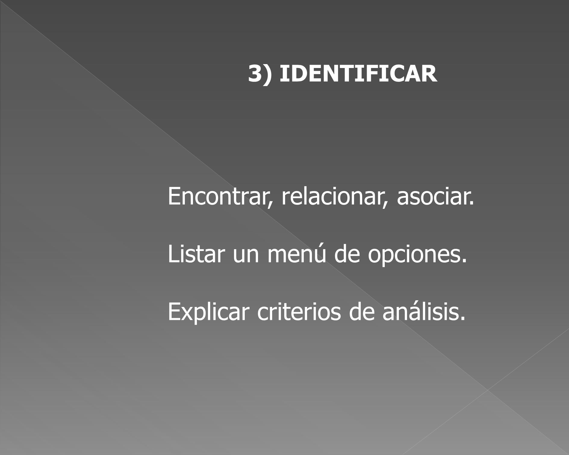 Encontrar, relacionar, asociar. Listar un menú de opciones.
