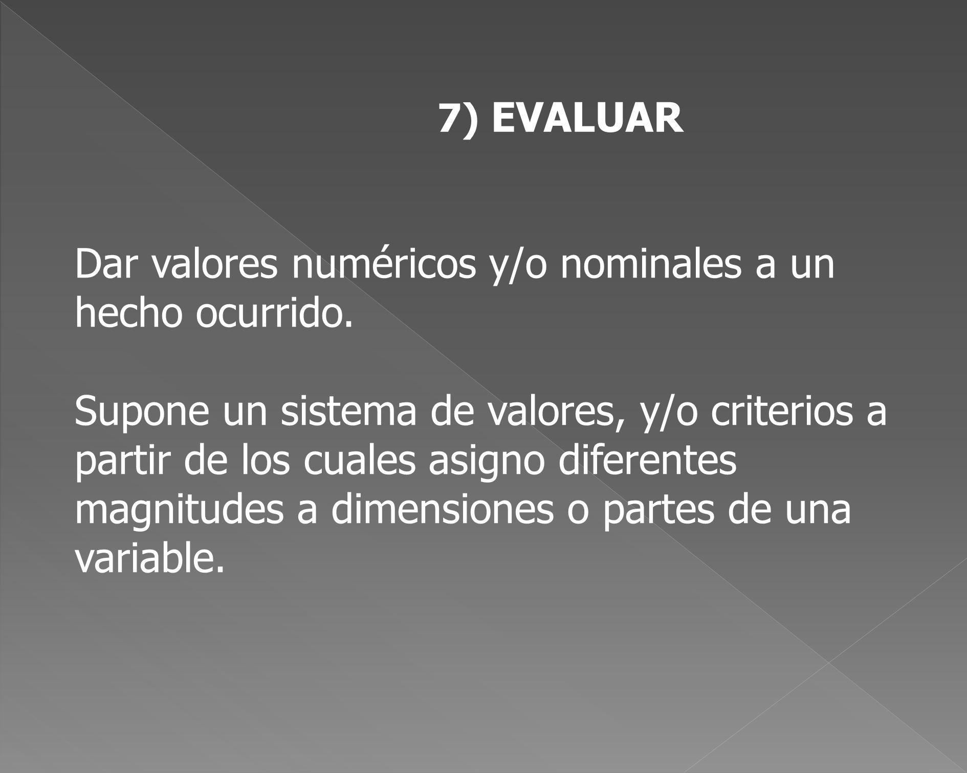 Dar valores numéricos y/o nominales a un hecho ocurrido.