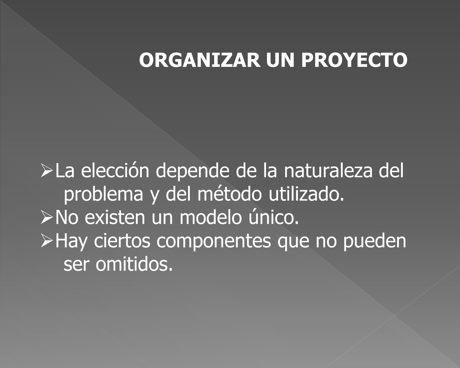 ORGANIZAR UN PROYECTO La elección depende de la naturaleza del. problema y del método utilizado. No existen un modelo único.