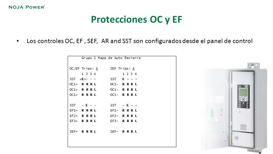 Protecciones OC y EF Los controles OC, EF , SEF, AR and SST son configurados desde el panel de control.