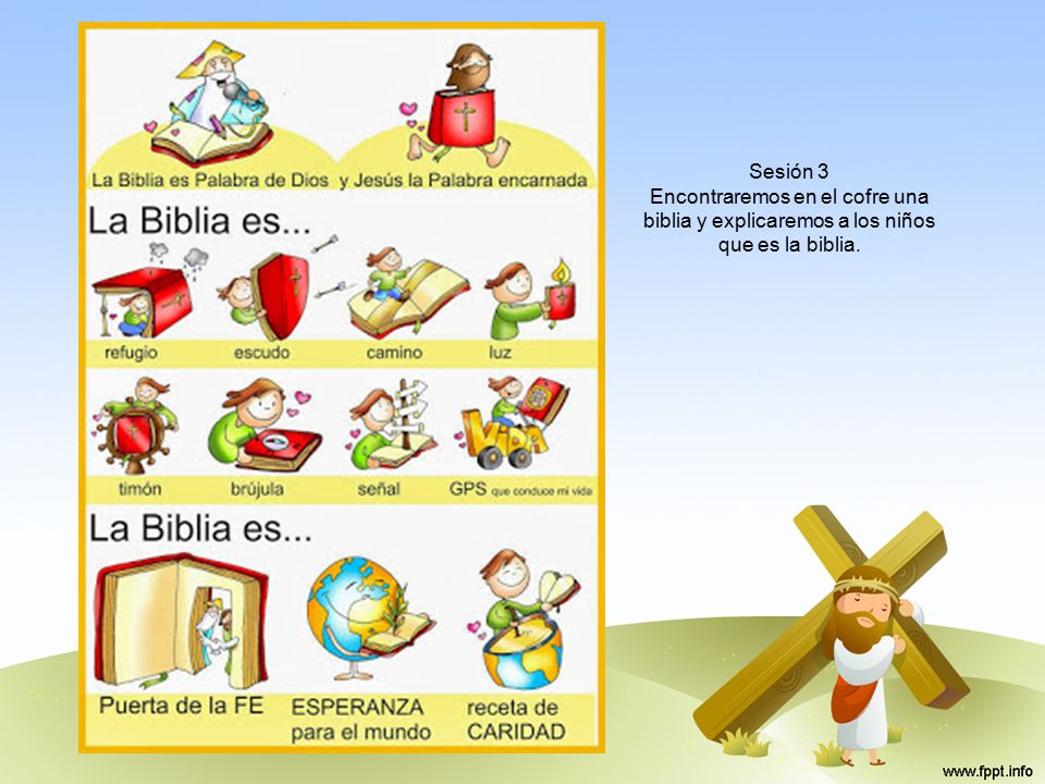 Sesión 3 Encontraremos en el cofre una biblia y explicaremos a los niños que es la biblia.