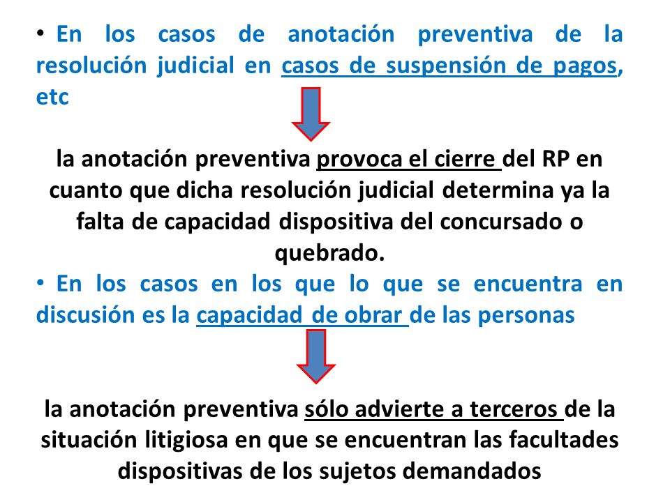 En los casos de anotación preventiva de la resolución judicial en casos de suspensión de pagos, etc