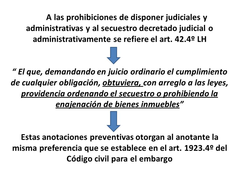 A las prohibiciones de disponer judiciales y administrativas y al secuestro decretado judicial o administrativamente se refiere el art. 42.4º LH
